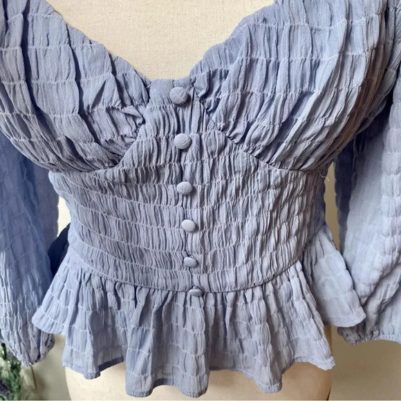Lush Maria Smocked Peplum Blouse Blue Long Sleeve Size Medium - Picture 9 of 15